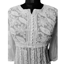 Handmade Lucknowi Chikankari Georgette Anarkali Of White Color Kurti for women's