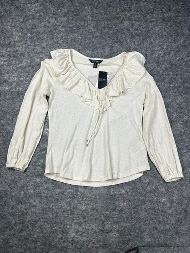 Ralph Lauren Blouse Linen Blend Ruffle Trim Jersey Tie Neck White Size Small NWT