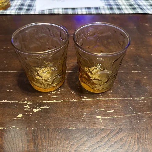 Vtg Anchor Hocking Set 2 Amber Lido Milano Crinkle Bar Juice Glasses 3.5” Tall