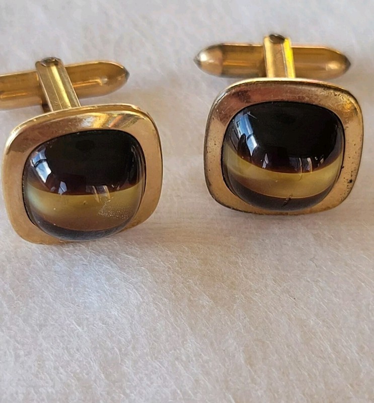 Vintage Tiger's Eye Look Cuff Links  Quality Men's Jewelry Amber/Brown Mad Men 