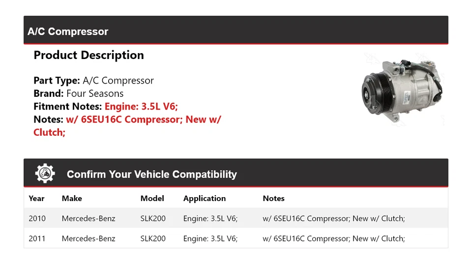 Compresor de aire acondicionado V6 de 3,5 L para Mercedes-Benz SLK200 2010-2011 4 estaciones Foto 2 de 4