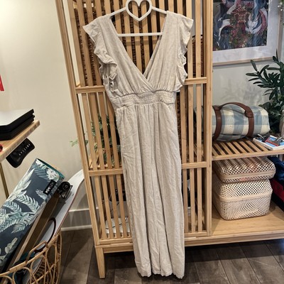     Beige Khaki Flutter Sleeve Wide Leg Pockets Jumpsuit - JP Large - US Med
