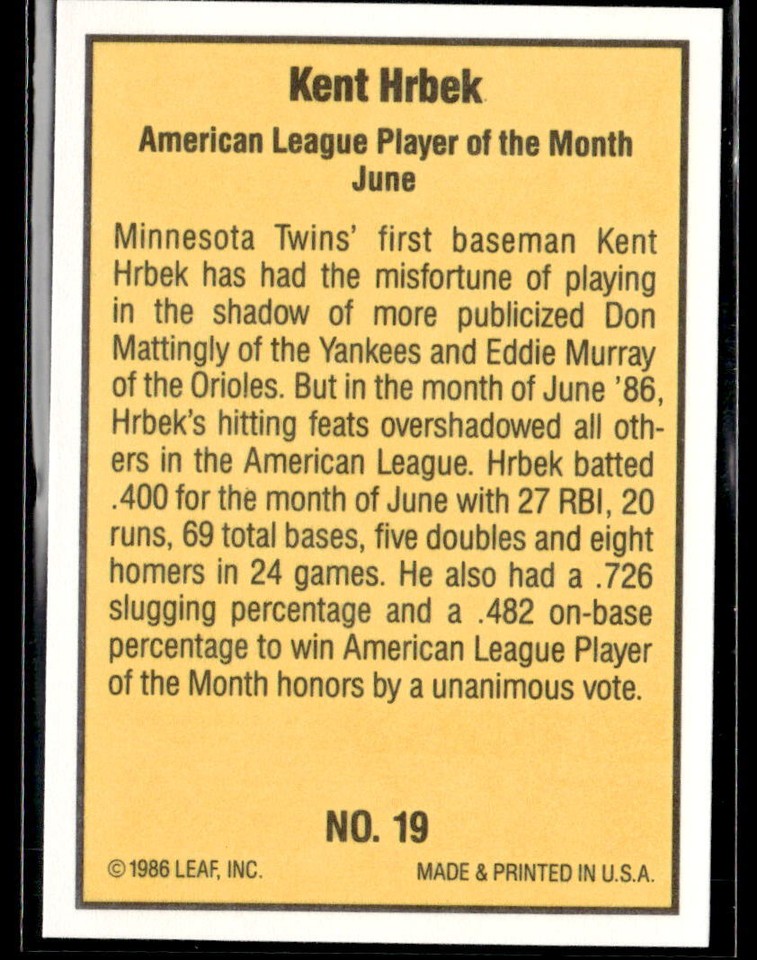 1986 Donruss Highlights 19 Kent Hrbek Baseball Card 0501G eBay