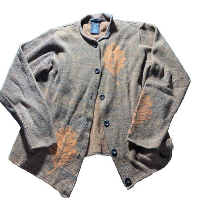 Green 3 Sweater Women XL Apparel Orange Brown Heathered Leaf Print Cardigan Fall