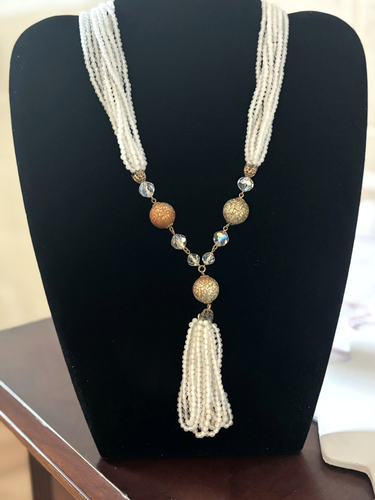 Vintage Fosted Camphor Glass Necklace Crystal Sugar Bead Sautior Estate Jewelry