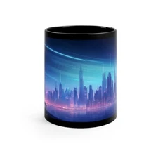 Neon Metropolis 🌃✨ Futuristic City Skyline 11oz Black Coffee Mug