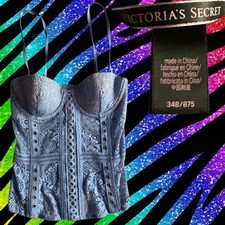 Victoria's Secret Blue Floral Lace Underwire Demi Bustier 34B Hook Eye