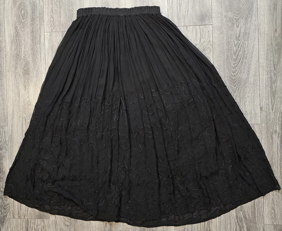 Falda midi plisada de rayón forrada vintage negra bordada floral para mujer talla única Foto 2 de 4