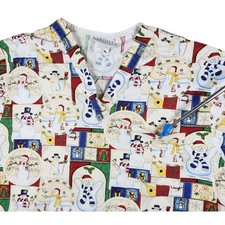 Peaches Uniforms Snowman Holiday Scrub Top Women's L Christmas Print V-Neck