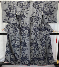 Japanese Vintage Kimono Silk Black Tumugi Traditional Authentic Length 60 in