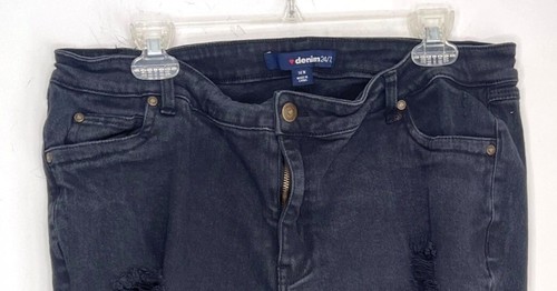 Denim 24/7 Black Distressed Destroyed Cropped Jeans Plus Size 14W - Picture 2 of 8