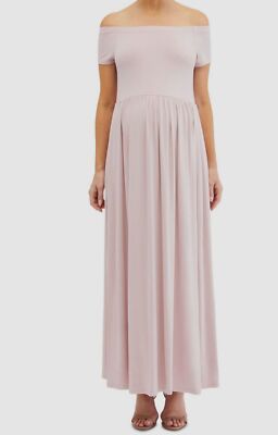 pink off the shoulder dress maternity Momyknows Pink Off Shoulder Bandeau Ribbed Pleated Bodycon Puff Sleeve Evening Gown Baby Shower Maternity Maxi Dress