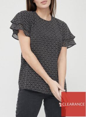 V by Very monochrom Kettendruck Rüschenärmel Muschel T-Shirt Top schwarz Größe 14