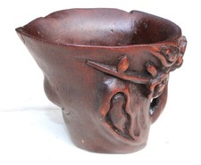 ANTIQUE CHINESE CARVED BAMBOO WOOD LIBATION CUP FLORAL SCENE