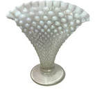 Fenton Fan Vase Hobnail Clear Glass White Ruffled Edge