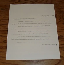 Original 1987 Pontiac Full Line Features & Options Sales Brochure 87 Firebird