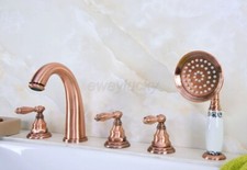 Red Copper Deck Mount 5 Hole Install Bathroom Roman Tub Faucet w/ Hand Shower
