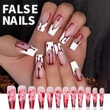 Long Coffin Shaped False Nails with Bloodstain Design for Halloween Theme 24pcs
