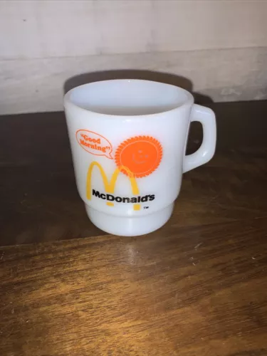 Vtg Anchor Hocking Fire King Milk Glass Mug Cup Good Morning McDonald’s #34 USA