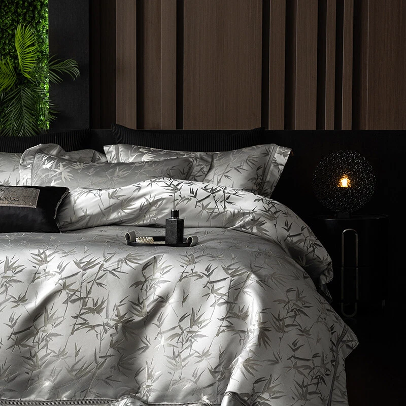 Yarn-dyed Jacquard Bedding Set 4pcs Quilt Cover Flat Sheet 2 Pillowcases Bamboo - Image 4 of 4