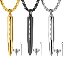 Men Women Ash Urn CZ Bullet Pendant Stainless Steel Keepsake Necklace Chain 22"