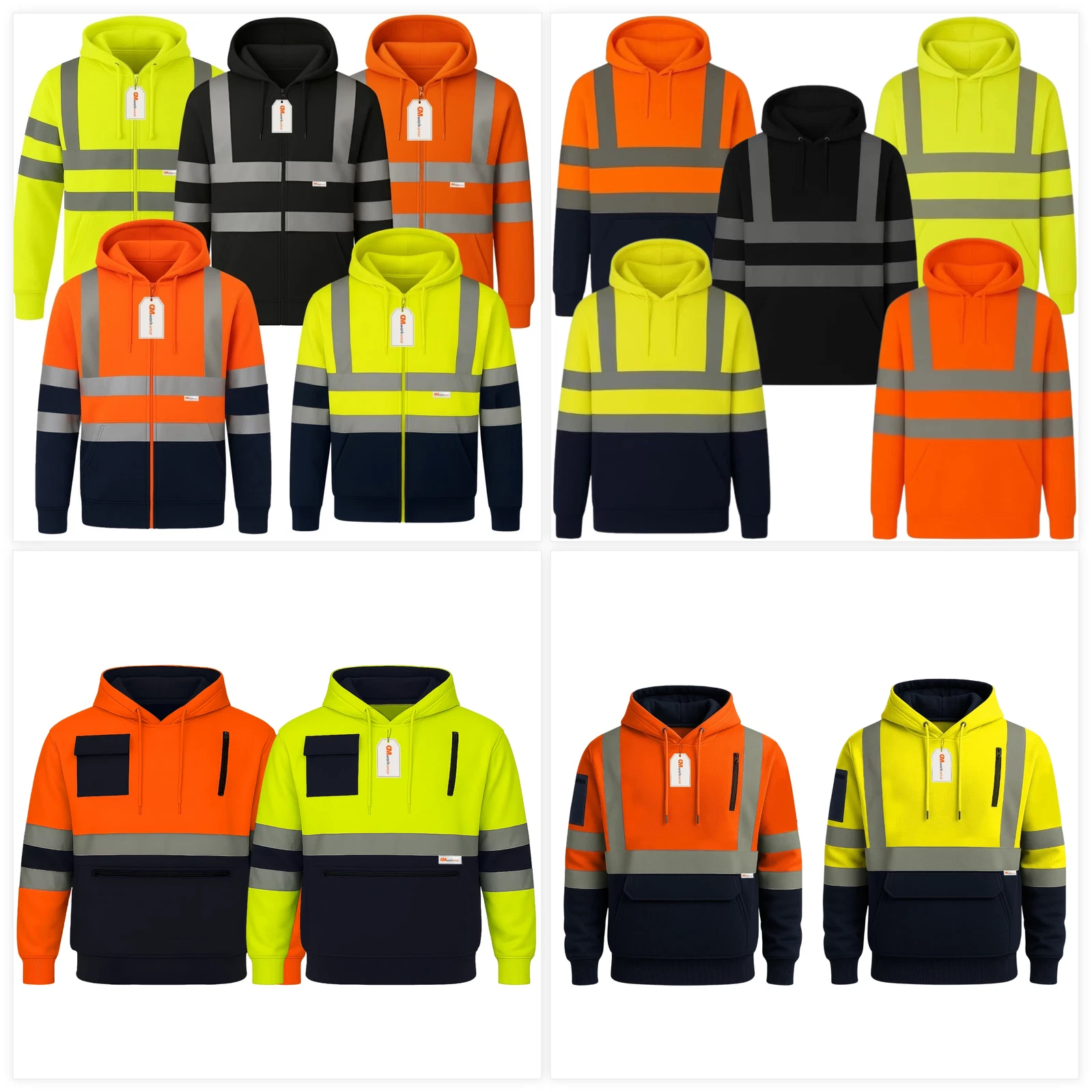 Hi Vis Hoodie Zip Pullover Reflective Safety Sweatshirt Workwear EN ISO 20471