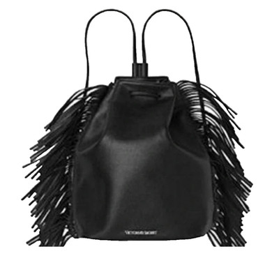 Victoria s Secret Fringe Backpack Drawstring Closing Straps Black Faux Leather