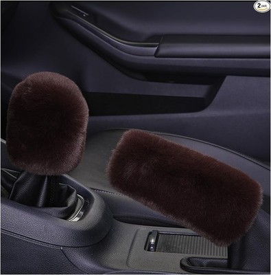 2PCS Plush Car Gear Shift Knob Cover & Handbrake Cover, Comforta Color: Coffee
