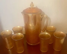 Vtg Jeannette Glass Marigold Orange Carnival Tree Bark 7-Pc Pitcher Tumbler Set