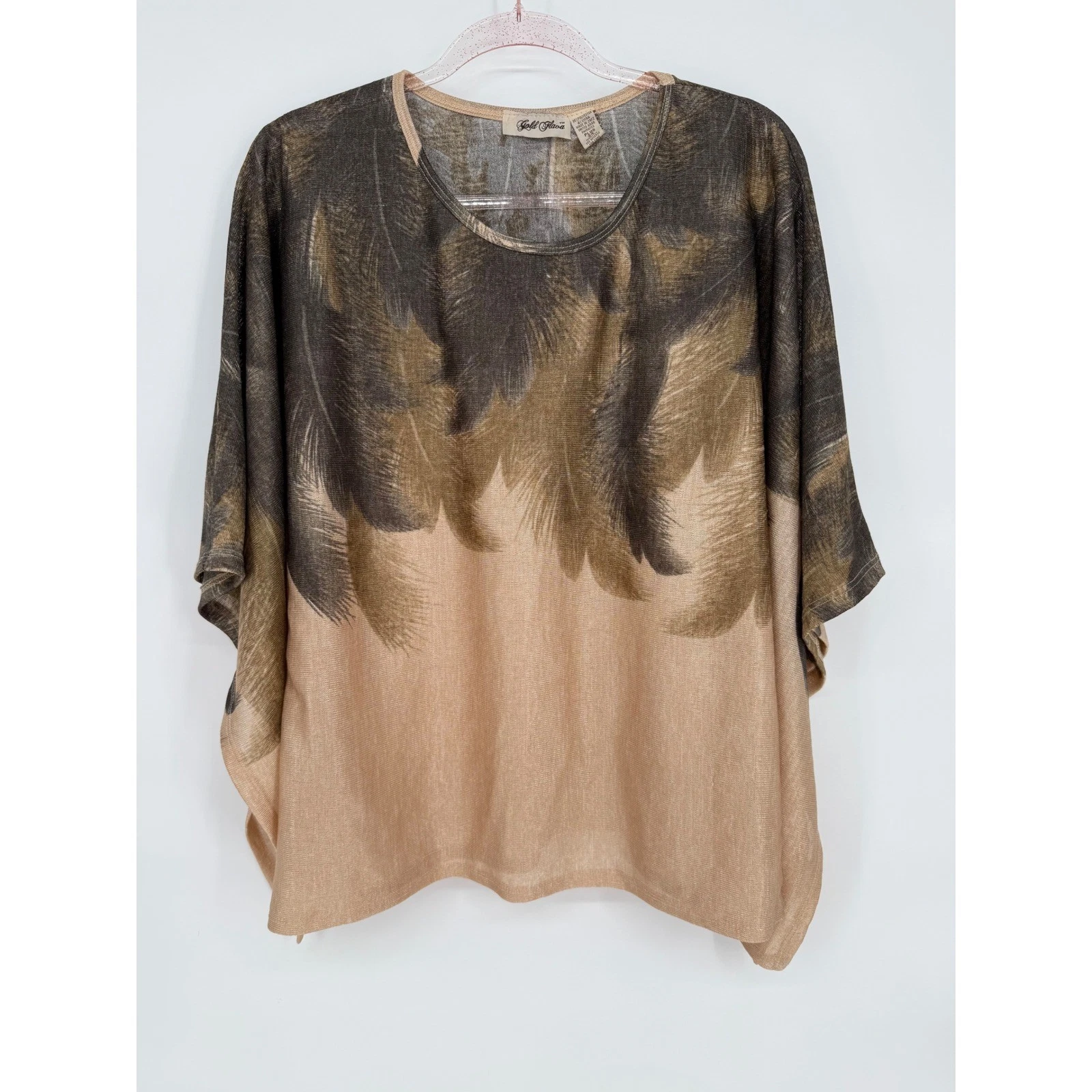 Gold Flava Sz 24 Hawk Women's Knit Feather Print Poncho Cape Top Light Brown
