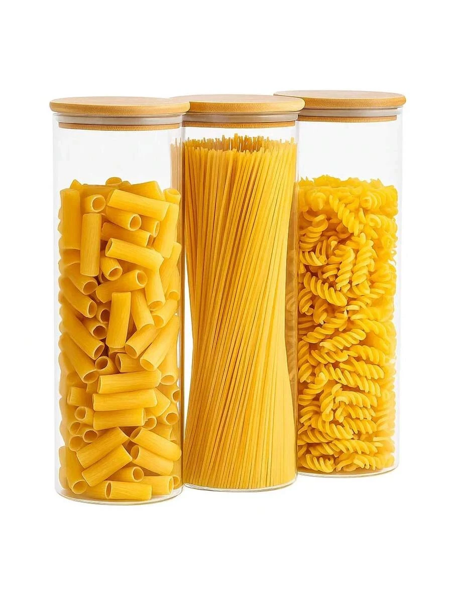 Set of 3 Airtight Glass Storage Jars 2050ml Containers for Pasta Rice & Oats