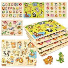 Wooden Peg Puzzle for Toddlers 2-4, 5 Pack Montessori Toys Learning Education...