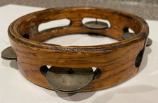 Vintage tambourine instrument wooden wood 6" diameter metal jingles