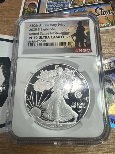 2025-S Proof $1 American Silver Eagle Navy Privy NGC PF70UC Er Military Label