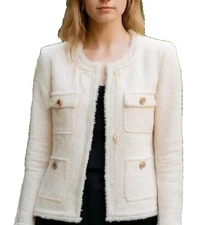 Nanette Lepore Bouclé Tweed Jacket Blazer Cream Pearl Buttons Preppy,Trendy~L