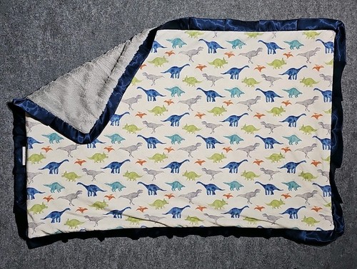 Minky Couture Dinosaur Baby Blanket with Blue Satin Trim 37 x 53 - Picture 1 of 7