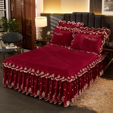 Luxury Quilted Velvet Bedspread King Size Emboridered Ruffle Bedskirt Soft Thick