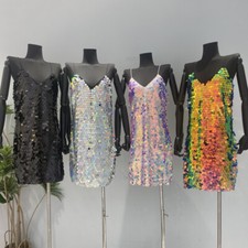 Lady Glitter Sequin V Neck Dress Spaghetti Strap Mini Bodycon Dress Party Club