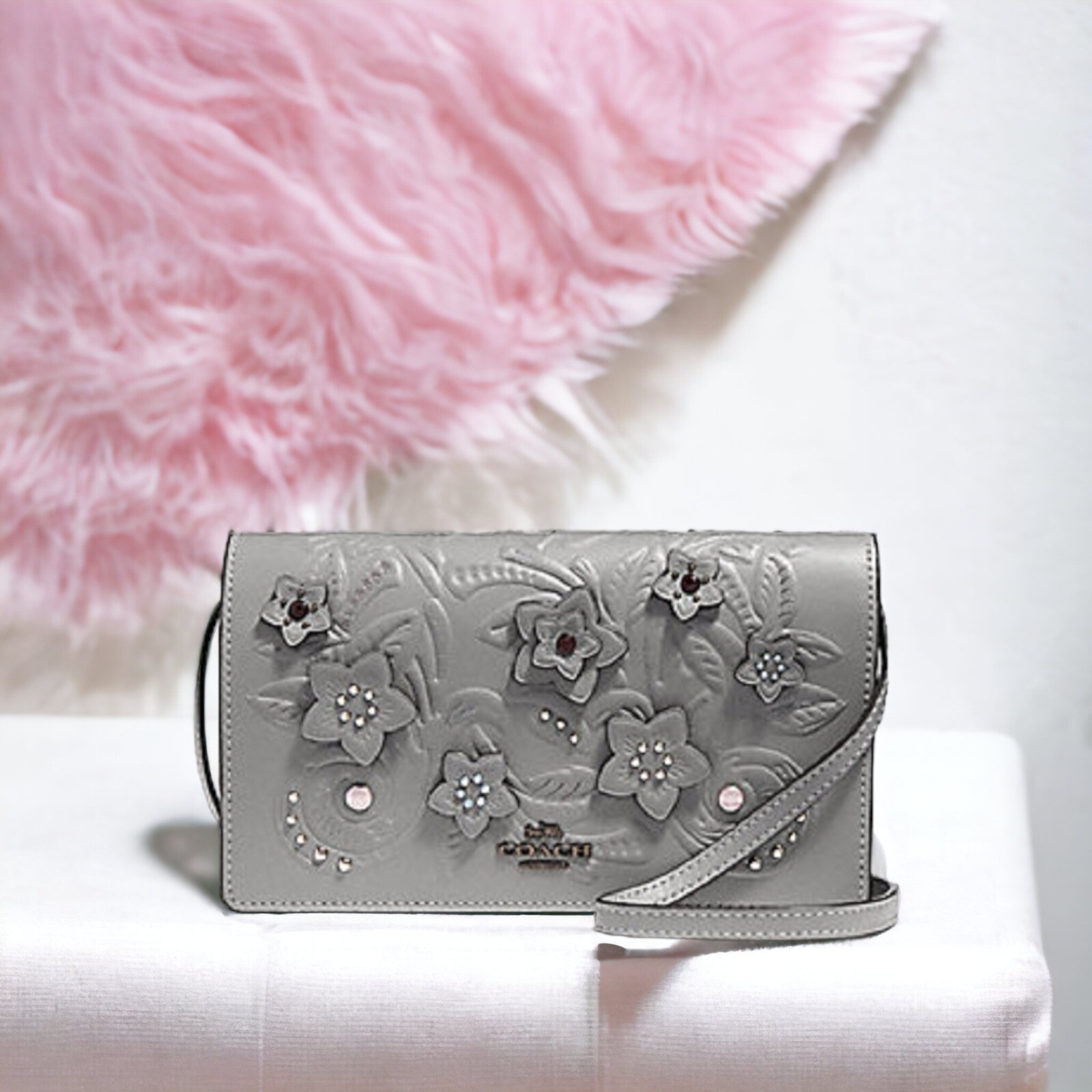 Coach F38636 Floral Tooling Foldover Leather Crossbody Clutch Bag Grey