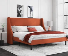 Sifurni King Size Modern Platform Bed Frame with Deluxe Wingback, Burnt Orange