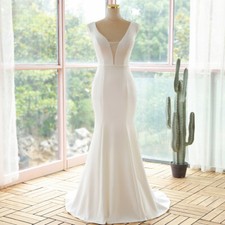 Sexy White Ivory Mermaid Wedding Dress Deep V-Neck Sleeveless Satin Bridal Gowns