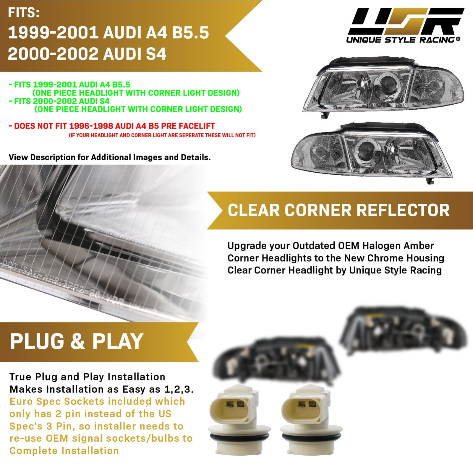 DEPO ECODE Chrome Projector Headlight Pair for 99-01 AUDI A4 / 00  