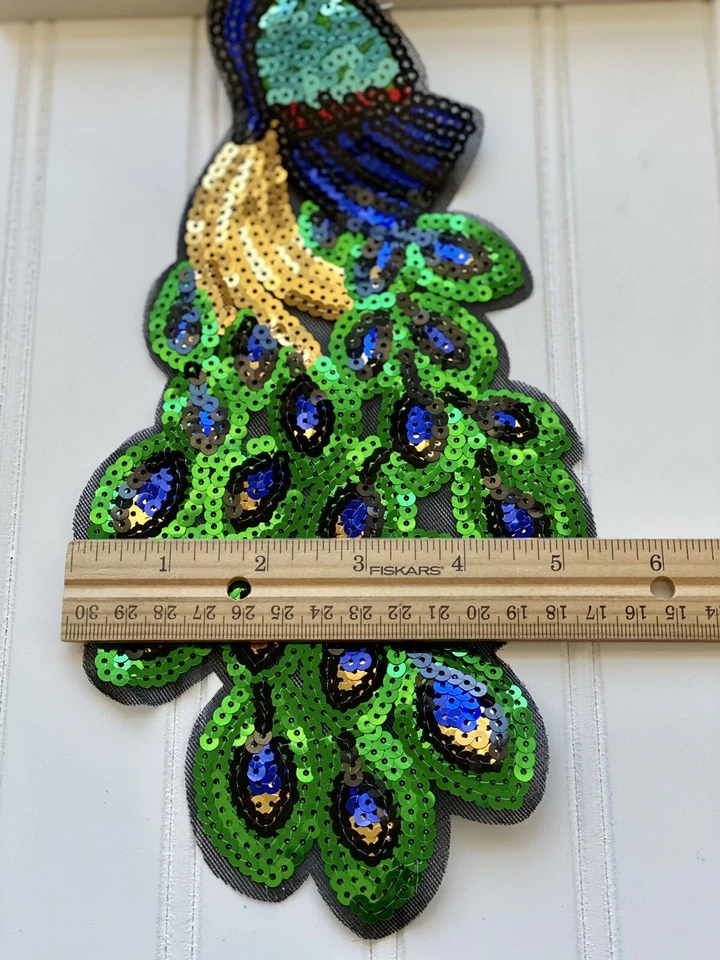 Apliques/parches de pavo real bordados con lentejuelas para costura/novia/artesanía Foto 3 de 4