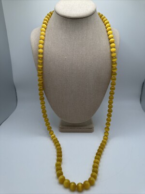 Beautiful 10mm Yellow Cats Eye Long 36  Beaded Necklace