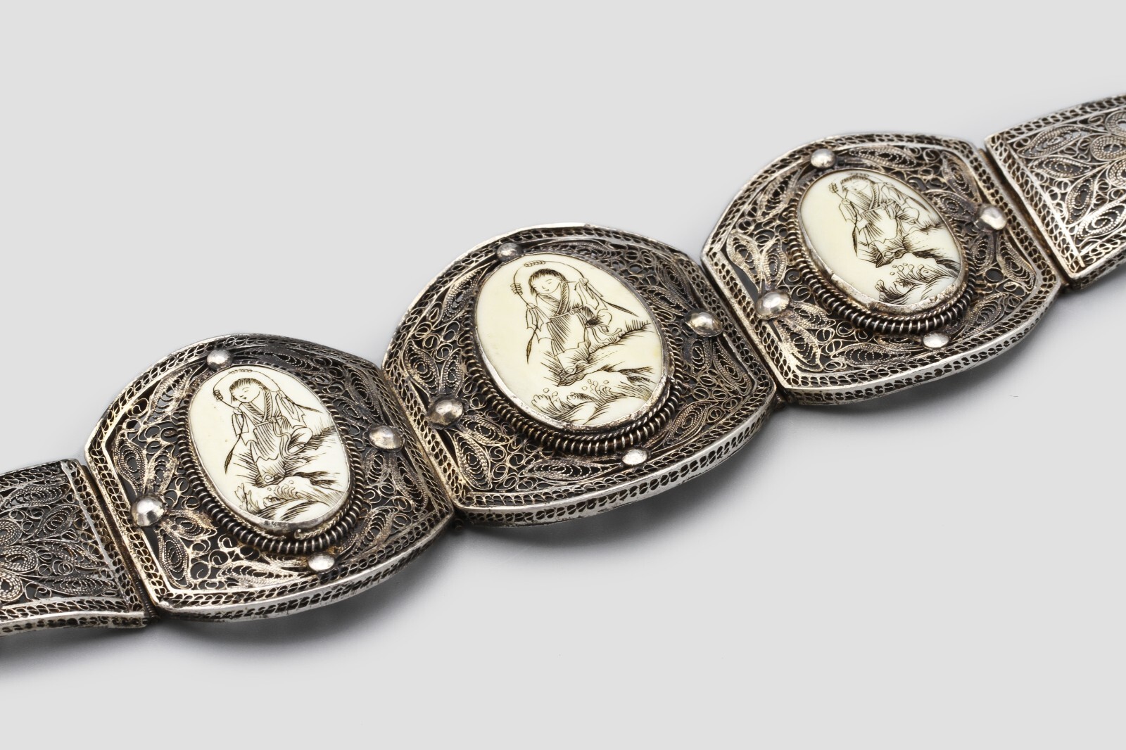 800 Silver Hand Painted Panel Bracelet, Antique 1… - image 7