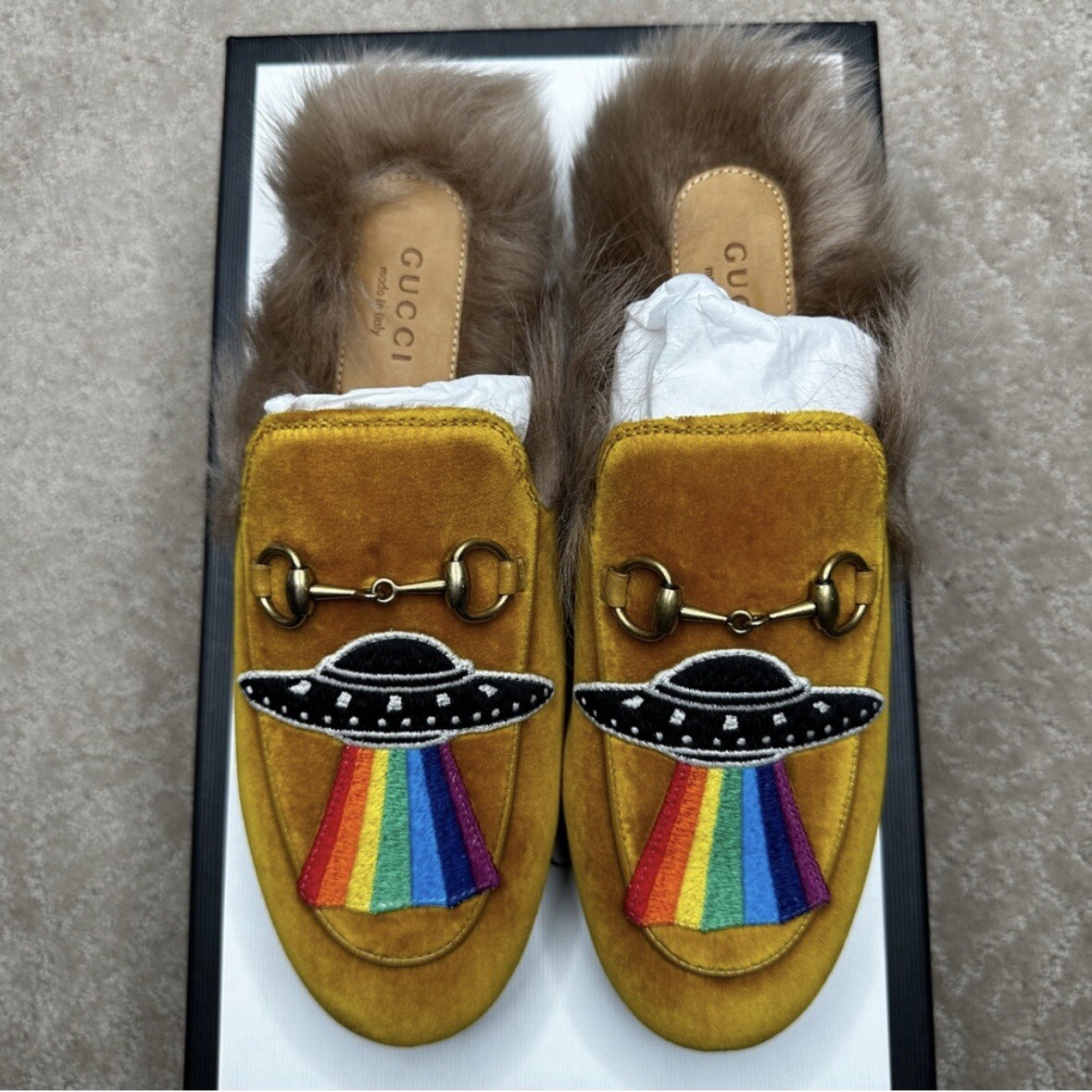 GUCCI Princetown Velvet Mustard Embroidered UFO Fur Slip On Mules