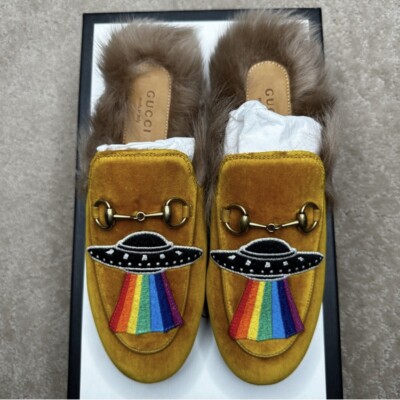 GUCCI Princetown Velvet Mustard Embroidered UFO Fur Slip On Mules EU