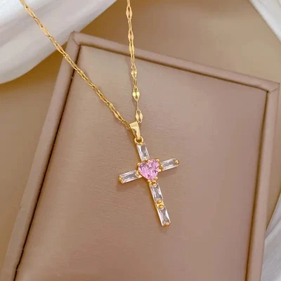 Damen Halskette Herz Kreuz – Vergoldet 18K  Zirkonia – Symbol für Liebe & Schutz - Bild 1 von 4