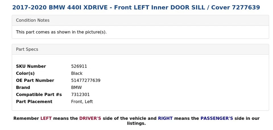 BMW 440I XDRIVE 2017-2020 - alféizar interior delantero izquierdo/cubierta 7277639 Foto 3 de 4