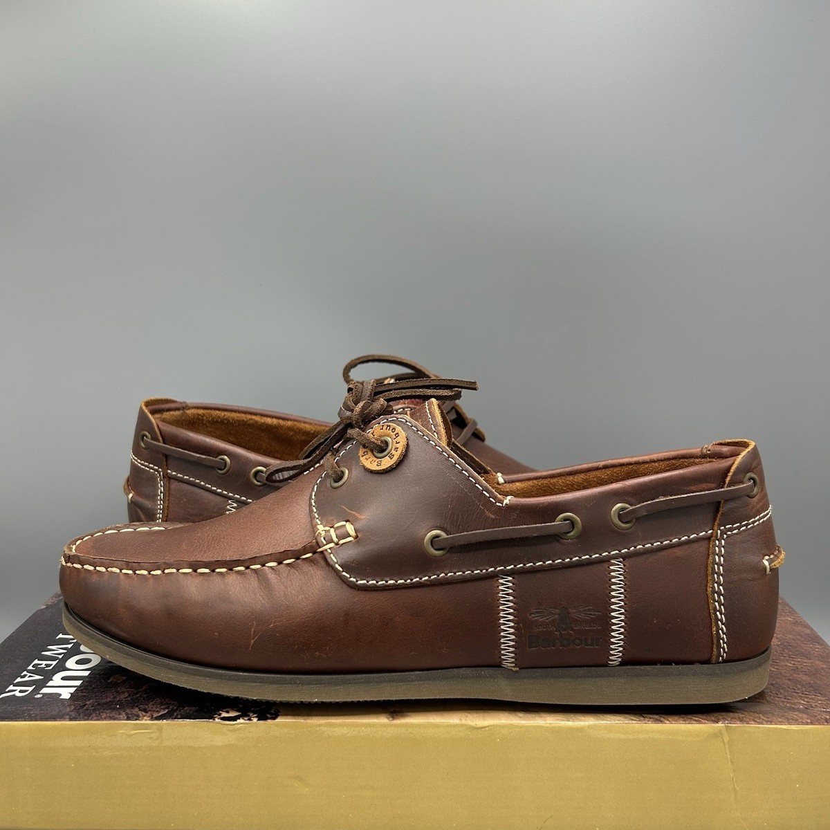 Barbour Capstan Mahogany Brown Leather Eye Lace Up Boat Shoes UK